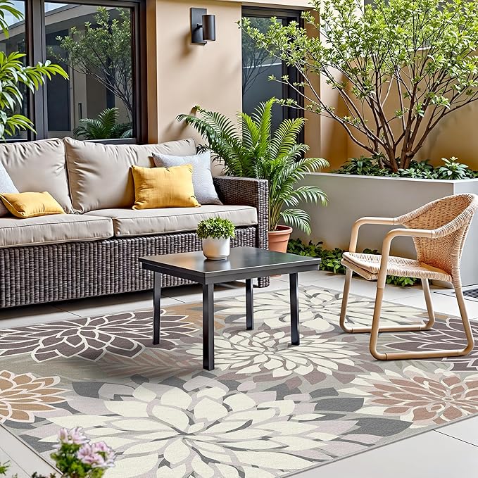 6x9 Outdoor Area Rug Washable Multicolored Patio Rug Tropical Botanical Floral Chenille Waterproof Outdoor Carpet Non-Slip for Patio, Deck, Backyard, Porch, Taupe