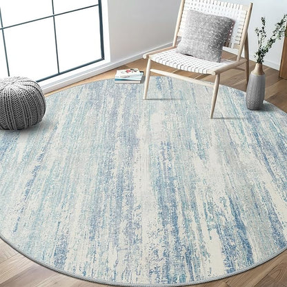 MUJOO Round Rugs 6ft,Circle Area Rug Washable,Circular Rugs for Living Room Dining Room,Large Modern Abstract Non Slip Throw Carpet Accent Neutral Blue