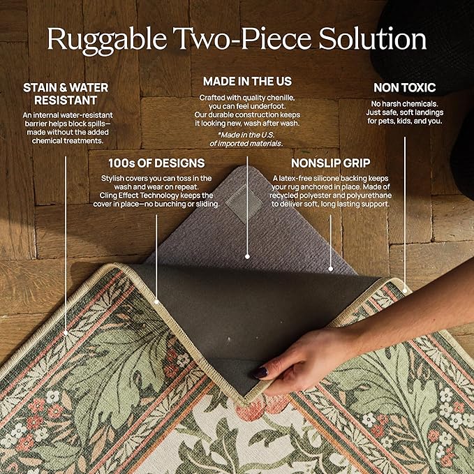 RUGGABLE Washable Vintage Runner Rug – Sarrah Blue Quartz 2.5x10, Stain-Resistant, Non-Slip Hallway Runner – Machine Washable Rug for Hallway, Entryway, Living Room & Kitchen–with Cushioned Pad