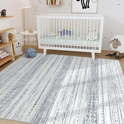 Nakagishi 5x7 Area Rugs Living Room: Washable Boho Large Neutral Soft Farmhouse Rug Stain Resistant Modern Indoor Floor Non-Slip Carpet for Bedroom Nursery Kids Playroom Office Dining Dorm-White Blue