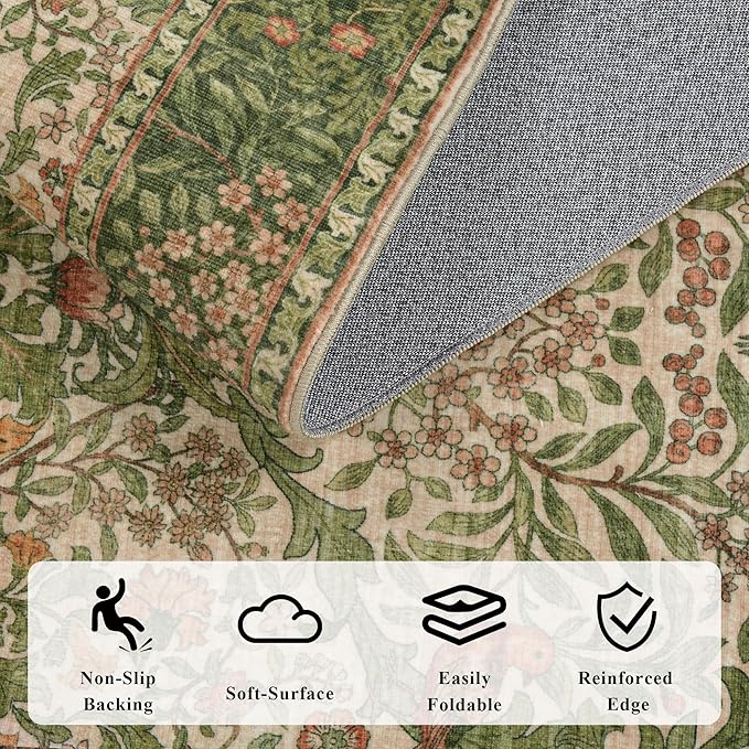 2x3 Floral Washable Area Rug for Entryway, Vintage Boho Rugs for Living Room Bedroom Dining Room, Botanical Birds Non Slip Low Pile Forest Animal Throw Carpet for Farmhouse Office, Retro Pink/Green