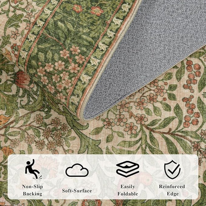 5x7 Floral Washable Area Rug for Living Room, Vintage Boho Rugs for Bedroom Dining Room, Botanical Birds Non Slip Low Pile Forest Throw Carpet for Farmhouse Office, Retro Pink/Green