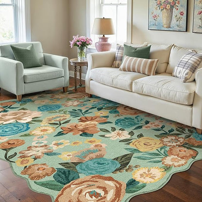 Washable Floral Area Rug 3x5 Green Office Carpet Scalloped Flower Non Slip Soft Entrance Door Mat Farmhouse Low Pile Thin Indoor Floor Cover for Kitchen Bathroom Bedroom Laundry Living Room
