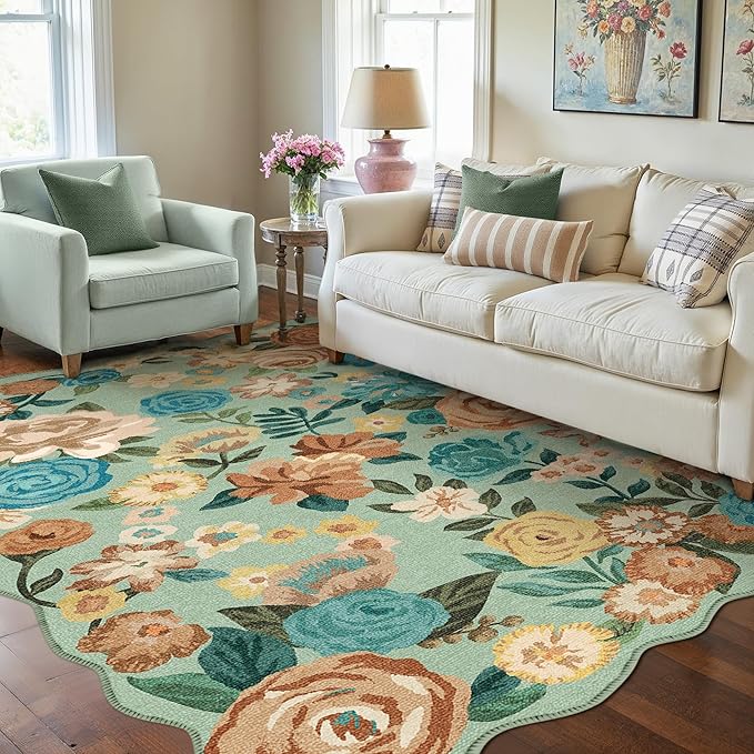 Washable Floral Area Rug 4x6 Green Office Carpet Scalloped Flower Non Slip Soft Living Room Rug Farmhouse Low Pile Thin Indoor Floor Cover for Bathroom Bedroom Kitchen Laundry Dining Room
