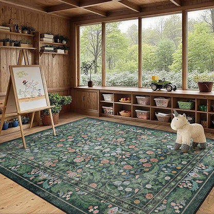 Green Floral 8x10 Area Rugs for Living Room Large Washable Rug Vintage Forest Low Pile Non Slip Stain Resistance Soft Carpet for Dining Room, Bedroom, Office Rug, Kids Room, Nursery Room, Playroom
