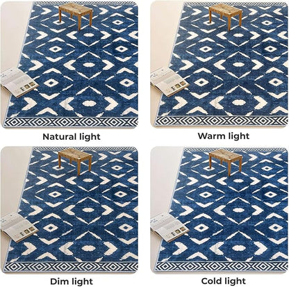 KILOCOCO Living Room Rug 5x7 Area Rug Printed Boho Washable Bedroom Rugs Non Slip Soft Large Moroccan Rubber Backed Indoor Rugs for Dining Room Office Farmhouse Geometric Carpet, Blue