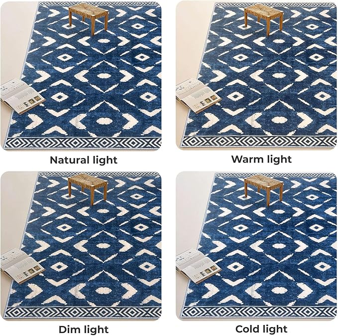 KILOCOCO Area Rug 3'x5' Rug for Entryway Washable Printed Bedroom Rugs Non Slip Boho Low-Pile Soft Rugs for Kitchen Dining Geometric Moroccan Carpet, Blue