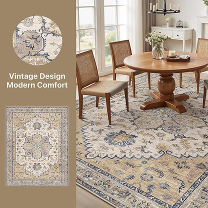 GENIMO 8X10 Area Rugs for Living Room, Machine Washable Vintage Floor Cover Foldable Modern Non Slip Rug， Low Pile Soft Indoor Carpet Floral Print Mat Rug,Bedroom/Dining Room/Home Office,Beige