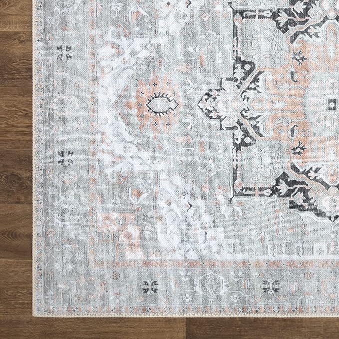 Bloom Rugs Washable Non-Slip 8' x 10' Rug - Gray/Coral Pink Traditional Area Rug for Living Room, Bedroom, Dining Room, and Kitchen - Exact Size: 8' x 10'
