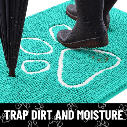 Smiry Dog Door Mat for Muddy Paws, Absorbent Dirt Trapper Non Slip Quick Dry Washable Chenille Mat for Mud Dogs, Entry Rug for Indoor and Outdoor (24x16 Inches, Turquoise and White)