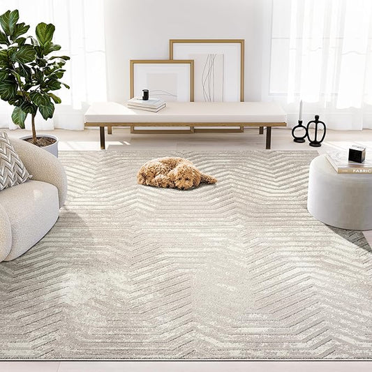 Abani Terra Cream 4' x 6' Area Rug for Living Room, Bedroom - Geometric Lines Pattern - Durable & Easy to Clean