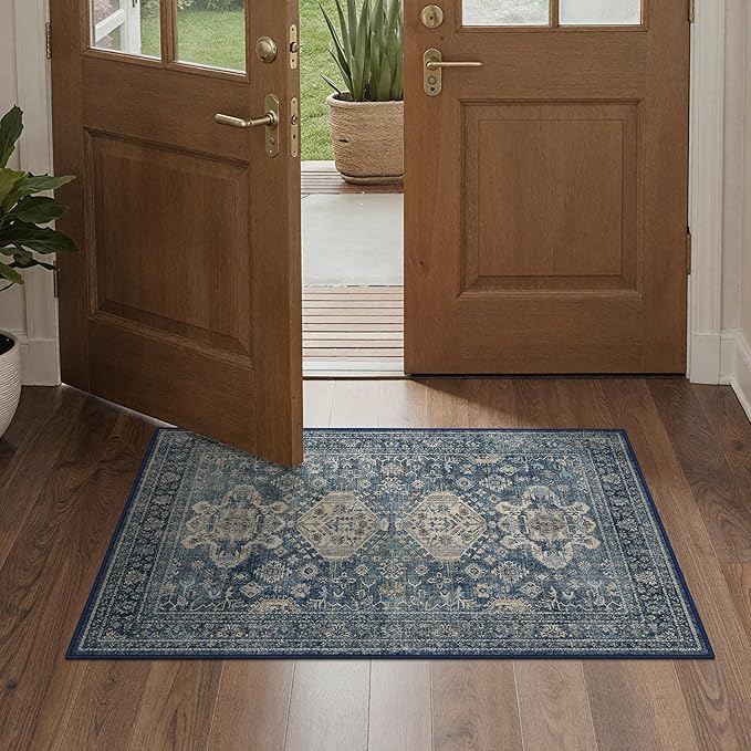 Bavni Washable Entry Rug 2x3, Non Slip Door Mat for Entryway or Kitchen, Vintage Print Low Pile Ultra Thin Indoor Rug, Blue