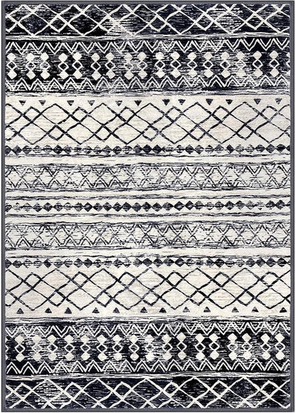 KUTA Moroccan 8x10 Area Rugs Black Navy Blue, Washable Boho Living Room Rug Non-Slip, Ultra Soft Geometric Print Tribal Traditional Farmhouse Carpet for Dining Bedroom Dorm Office Home Decor