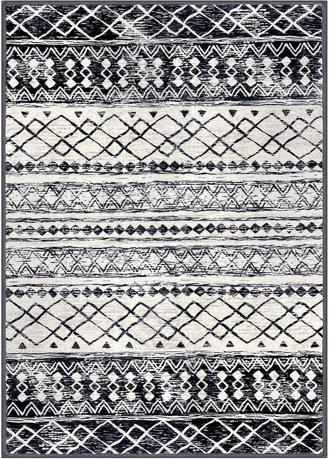KUTA Moroccan Area Rugs 9x12 Living Room Black Navy Blue, Large Washable Boho Rug Non-Slip, Ultra Soft Geometric Tribal Traditional Farmhouse Carpet for Dining Bedroom Dorm Office Home