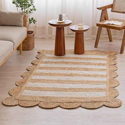 HOMEMONDE Scallop Jute Rug - 5'x8' Natural Fiber Boho Farmhouse Style Décor - Handmade Rustic Vintage Braided Area Rug for Bedroom, Living Room, Dining Area, Kitchen