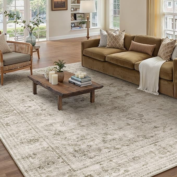 HUGEAR Washable 6x9 Area Rugs Retro Beige Living Room Bedroom Rug Vintage Distressed Non Slip Stain Resistant Low Pile Neutral Throw Carpet for Home Decor