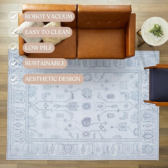 Beige Oushak Rug, Modern, Vintage, Turkish, Eclectic, Floral, Pastel, Washable, Extra Large Area Rugs for Living Room, Dining, Bedroom, Lounge, 9'x12'