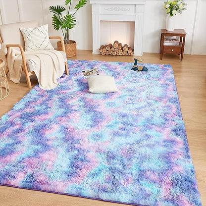 Andency Soft Area Rugs for Living Room Bedroom, 3x5 Non-Slip Fluffy Shag Carpet, Indoor Floor Fuzzy Shaggy Living Room Plush Rug for Kids Dorm Nursery Home Decor Aesthetic, Tie-Dyed Unicorn Rainbow