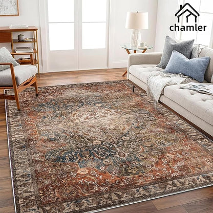 8x10 Area Rug Washable Vintage Traditional Mat Distressed Indoor Foldable Thin Retro Accent Floral Non Slip Carpet Rugs for Living Room Dining Room Office