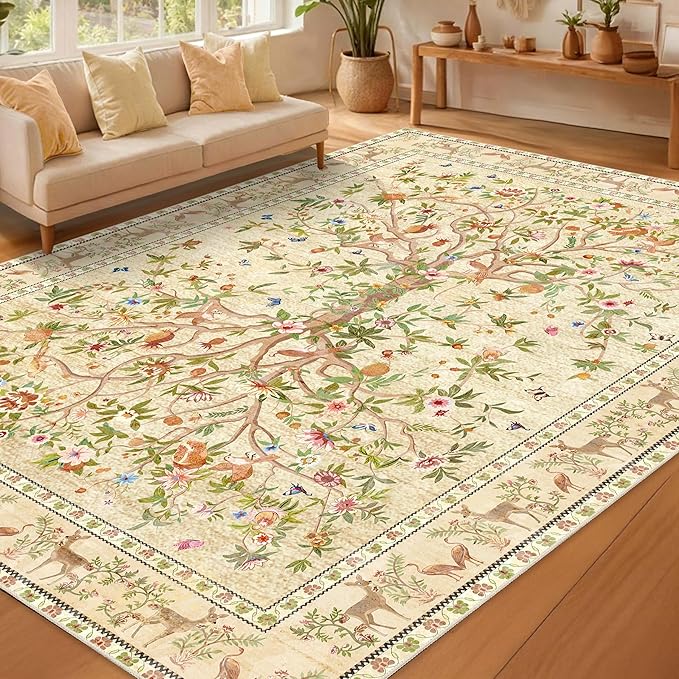 8x10 Area Rugs for Living Room, Machine Washable Non-Slip Carpet, Boho Floral Low Pile Throw Rugs for Bedroom, Dining Room, Office, Nursery, Vintage Home Decor（Beige）