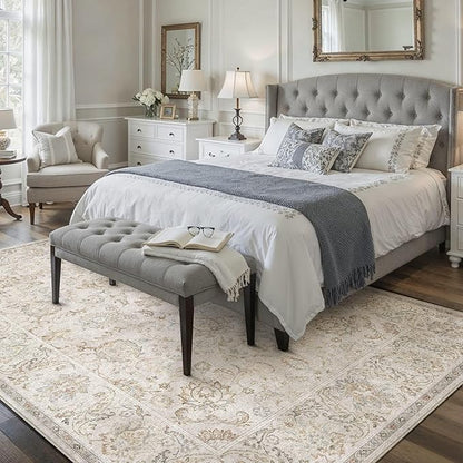 HUGEAR 5x7 Machine Washable Area Rugs Vintage Grey - Neutral Living Room Bedroom Rug Non Slip Stain Resistant Low Pile Aesthetic Throw Carpet Kids & Pet Friendly
