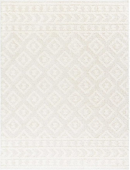 Hauteloom Tilos Moroccan Farmhouse Living Room Bedroom Nursery Shag Area Rug - Shaggy Carpet - Trellis Pattern - High Plush Pile - Cream, Pink, Beige - 7'10" x 10'