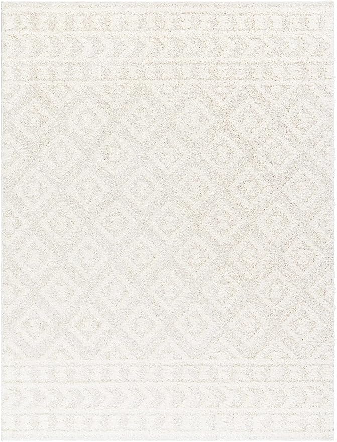 Hauteloom Tilos Moroccan Farmhouse Hallway, Entryway Shag Runner Rug - Shaggy Long Runner Rug - Trellis Pattern - High Plush Pile - Cream, Pink, Beige - 2'7" x 7'3"