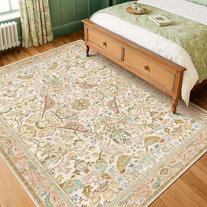 Washable Area Rugs 5x8 for Bedroom - Western Nature Rugs for Living Room, Dinning Room,Playroom, Guest Room with Boho Beige Neutral Botanical & Bird Pattern, Non Slip Stain Resistant Low Pile
