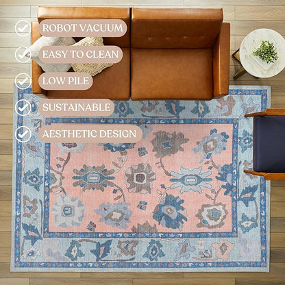 Fame Living Modern Oushak Rug, Small Rugs, Vintage, Turkish, Eclectic, Floral, Pastel, Washable, Door mat, Doormat for Indoor Entrance, Entryway, Kitchen, Bathroom, Bedroom, Laundry, 2'x3'