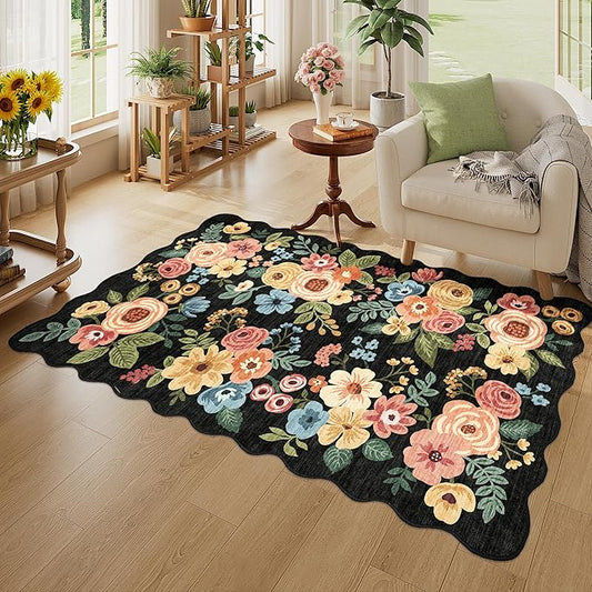 DUKINO 3x5 Area Rug, Floral Non-Slip Indoor Washable Rug with Low Pile & Non-Shedding, Lightwight Boho Design Carpet for Entryway, Bedroom, Kids Room, Living Room, Kitchen, Black