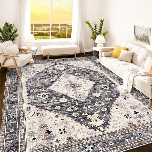 Istana Area Rugs 9x12 - Dark Grey Blue/Rose Mauve Rugs for Bedroom - Foldable Big Rugs for Bedroom - Stain Resistant Rug 9x12 Area Rug - 9X 12 Area Rugs - Washable Area Rug - Beige Rug
