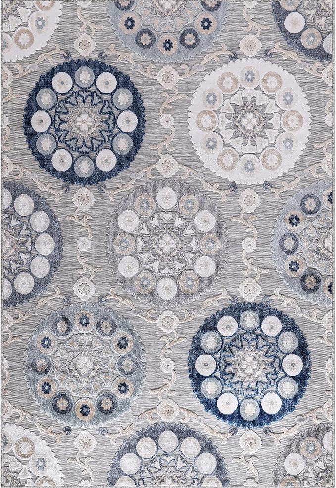 CAMILSON Indoor Outdoor Rug 6x9 Bohemian Medallion Floral Area Rugs for Indoor and Outdoor Patios Easy-Cleaning Non-Shedding Living Room Garden and Kitchen Washable Outside Carpet (6 x 9 / Blue)