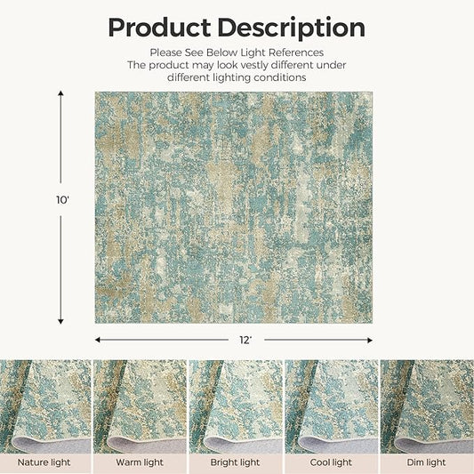 WITSHOCK Living Room Area Rugs 10x12：Modern Abstract Machine Washable Large Rug for Bedroom Dining Room Non-Slip Stain Resistant Home Office Decor,Teal Brown