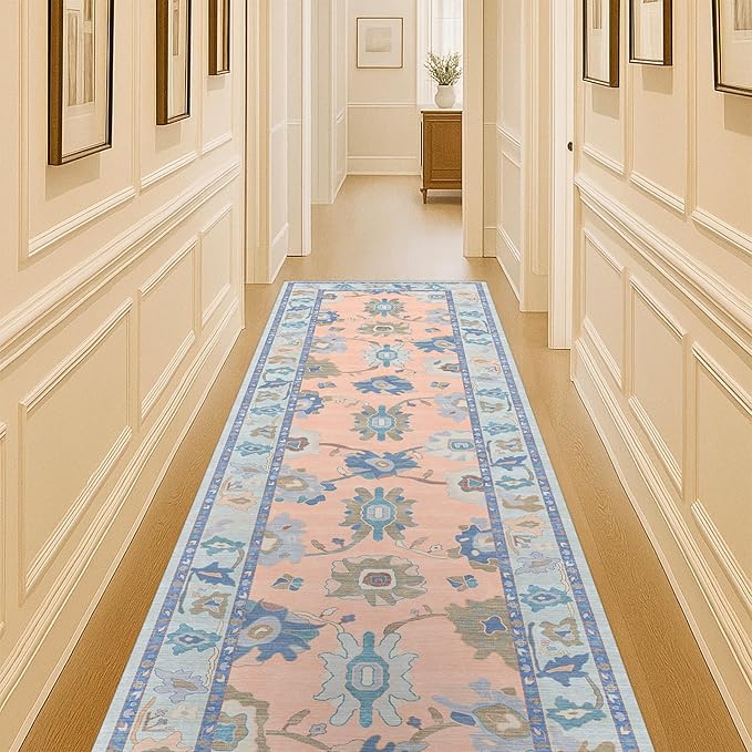 Fame Living Modern Oushak Runner Rug, Vintage, Turkish, Eclectic, Floral, Pastel, Washable, Small Throw Rugs, Short Runner for Hallway, Entryway, Laundry, Foyer, Bedroom, Kitchen, Bathroom, 2'5"x6'5"