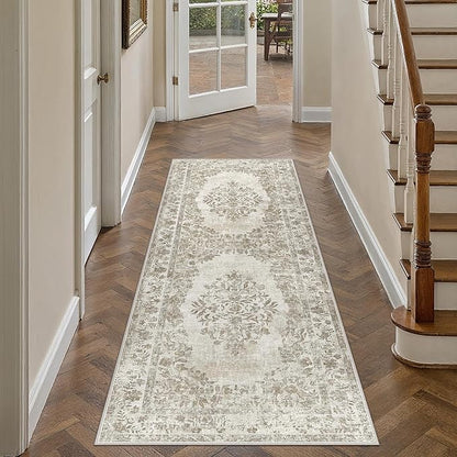 2x6 Runner Rug Beige Washable Hallway Kitchen Bedroom Vintage Distressed Bathroom Non Slip Medallion Floral Carpet Indoor Retro Throw Floor Mat for Office Dining Laundry Living Room