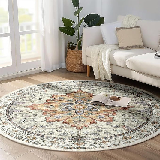 Area Rugs 7ft Washable Non-Slip, Floral Vintage Distress Print Pattern Medallion Carpet for Living Room Bedroom Dining Room, Light Yellow Carbon Grey Orange