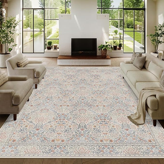 8x10 Floral Washable Area Rugs for Living Room, Vintage Boho Large Rug for Bedroom Dining Room, Distressed Botanical Birds Non Slip Low Pile Forest Animal Throw Carpet for Farmhouse Office, Beige Blue