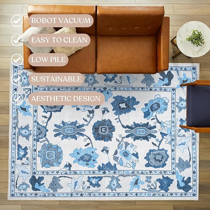 Fame Living Navy Blue Oushak Rug, Modern, Vintage, Turkish, Eclectic, Floral, Pastel, Washable, Area Rugs for Living Room, Dining, Bedroom, Office, Entryway, Foyer, Playroom, Nursery, 5'x6'9"