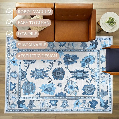 Fame Living Navy Blue Oushak Runner Rug, Modern Runners, Turkish, Eclectic, Floral, Pastel, Washable, Small Rugs, Short Runner for Hallway, Entryway, Laundry, Bedroom, Kitchen, Bathroom, 2'5"x6'5"