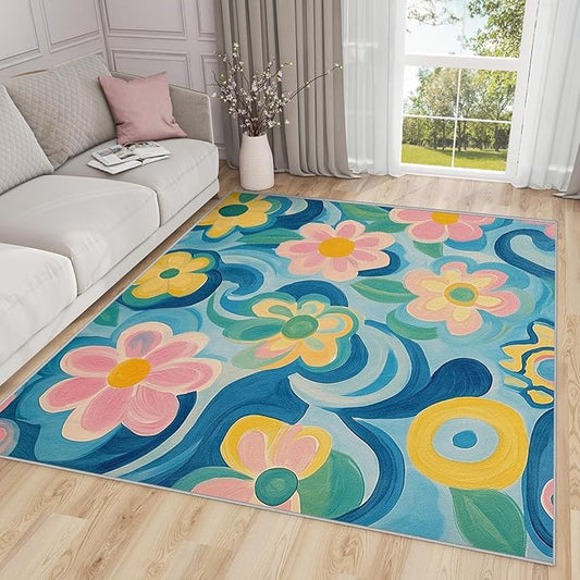 Floral Indoor Rugs for Entryway - 2x3ft - Modern Artistic Flower Washable Non Slip Low Pile Small Area Rug for Bedroom, Floral Carpet Home Decor & Gifts