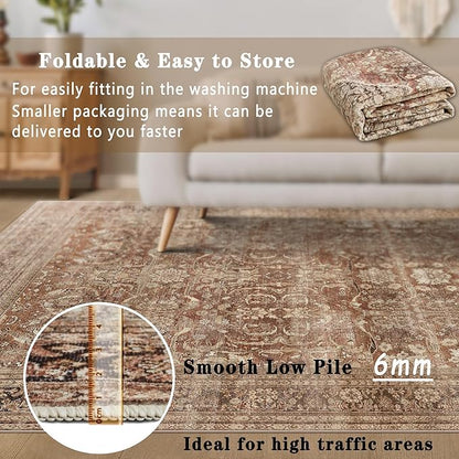 vivorug 9x12 Area Rugs for Living Room, Non Slip Machine Washable Vintage Rug, Ultra-Thin Lightweight Large Area Rug for Bedroom, Dining Room, Low Pile Brown Rug