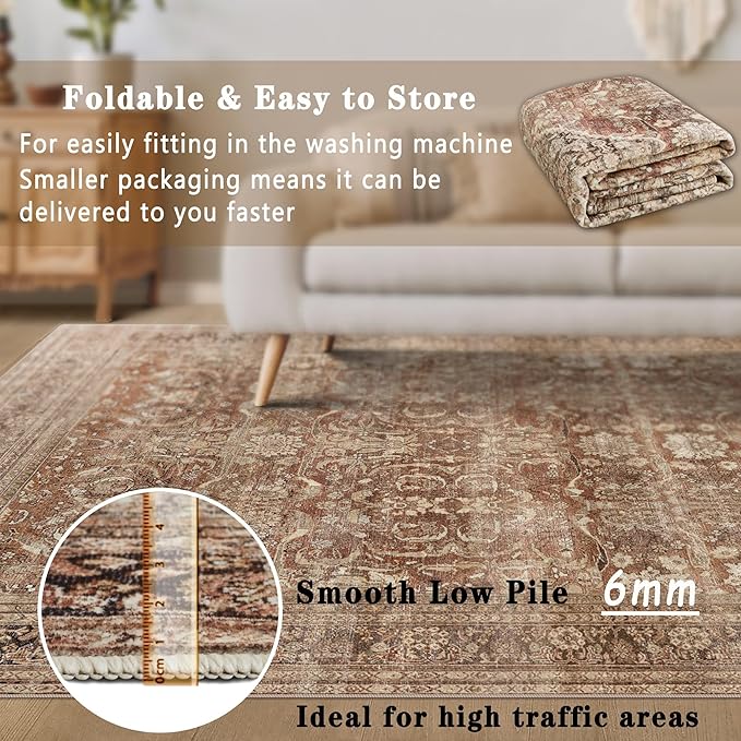 vivorug 6x9 Area Rugs, Ultra-Soft Washable Rug for Living Room Dinner Room Bedroom, Non-Slip Vintage Rug, Indoor Carpet Large Area Rug, Brown
