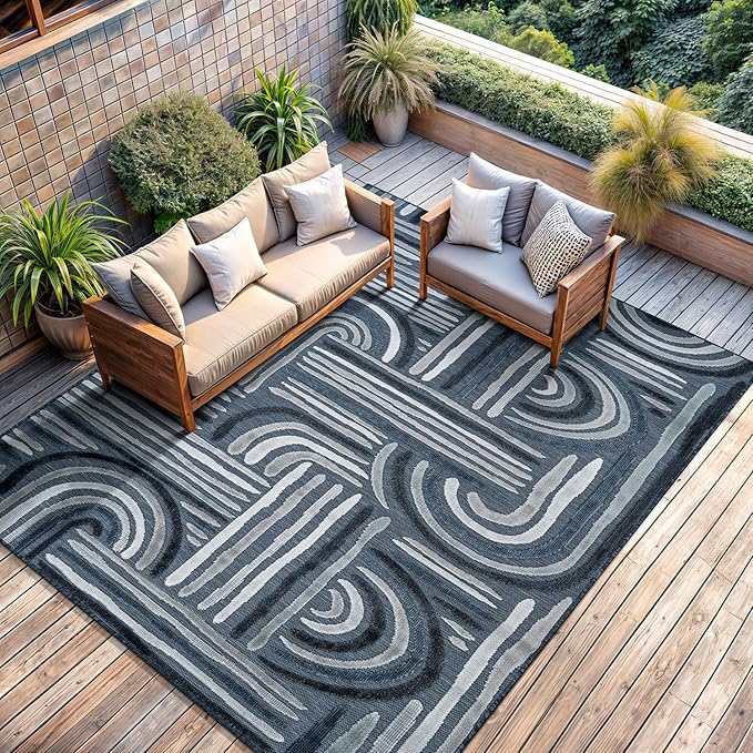 CAMILSON Indoor Outdoor Rug, Navy Blue 6x9 Geometric Arch Striped Area Rugs for Patio and Home Areas, Easy-Cleaning Non-Shedding Living Room, Garden and Deck Washable Outside Carpet (6 x 9)