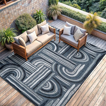 CAMILSON Indoor Outdoor Rug, Navy Blue 6x9 Geometric Arch Striped Area Rugs for Patio and Home Areas, Easy-Cleaning Non-Shedding Living Room, Garden and Deck Washable Outside Carpet (6 x 9)