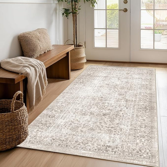 FMFUNCTEX 3x4 Washable Area Rug Beige Vintage Neutral Non Slip Low Pile Traditional Retro Indoor Carpet for Entryway Entrance Soft Floral Throw Rug Living Room Bedroom Kitchen Dining Office Laundry