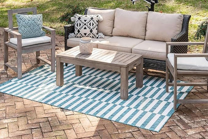 Unique Loom Outdoor Striped Collection Area Rug - Striped (7' 1" x 10' Rectangle, Teal/Ivory)