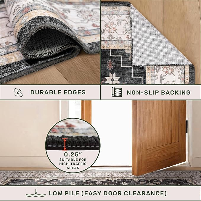 Black Washable 8ft Long Runners for Hallways, 2x8 Kitchen Runner Rug, Entryway Indoor Runner for Bathroom, Non Slip Boho Vintage Floor Décor for High Traffic Area