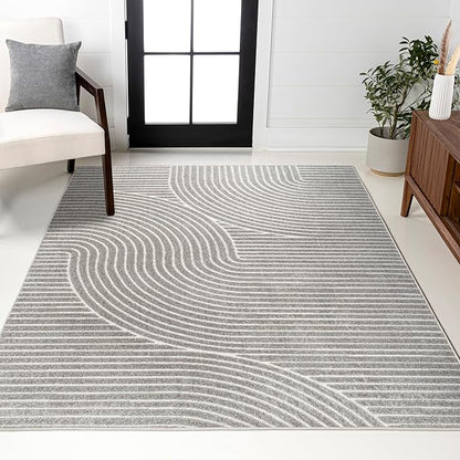 JONATHAN Y Hallie High-Low Curve Gray/Ivory Indoor/Outdoor Area Rug, 10x14, Minimalist, Pet Friendly, Non-Shedding, Stain Resistant, Hose-Washable for Backyard, Patio, Porch (SCN100A-14)