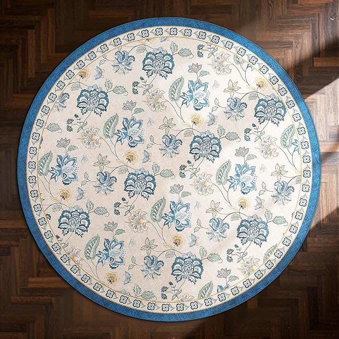 jinchan Elora 6ft Floral Round Rug for Dining Room Washable Living Room Rug Vintage Romance Design Non Slip Indoor Floor Cover Lightweight Low-Profile Throw Carpet for Bedroom Porch Patio, Blue/Beige