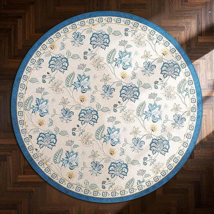 jinchan Elora 7ft Floral Round Rug for Dining Room Washable Living Room Rug Vintage Romance Design Non Slip Indoor Floor Cover Lightweight Low-Profile Throw Carpet for Bedroom Porch Patio, Blue/Beige